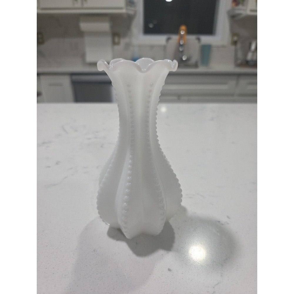 1950's 5" White Imperial Milk Glass Pearl Beaded Scalloped Rim Bud Vase VTG
